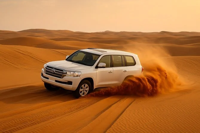 White 4x4 vehicle dune bashing across the Abu Dhabi desert